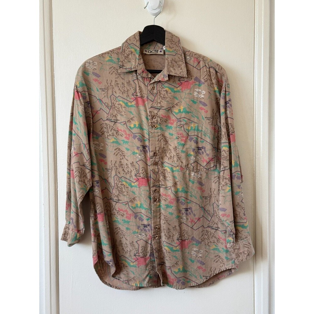 Vintage 80s Actif Button Down Shirt Made in Japan National Parks Map Print M